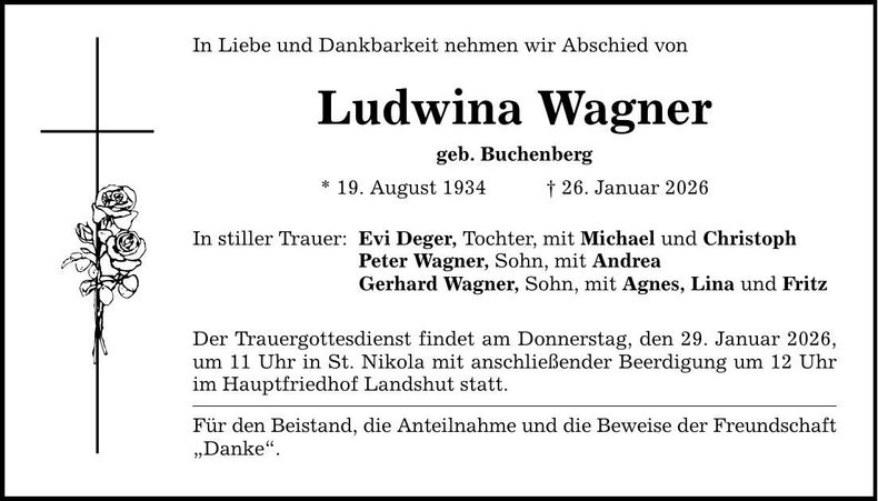 Traueranzeige Ludwina Wagner