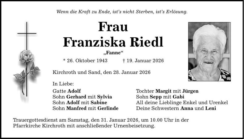Traueranzeige Franziska Riedl