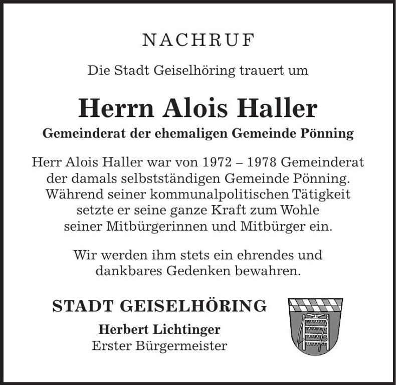 Traueranzeige Alois Haller
