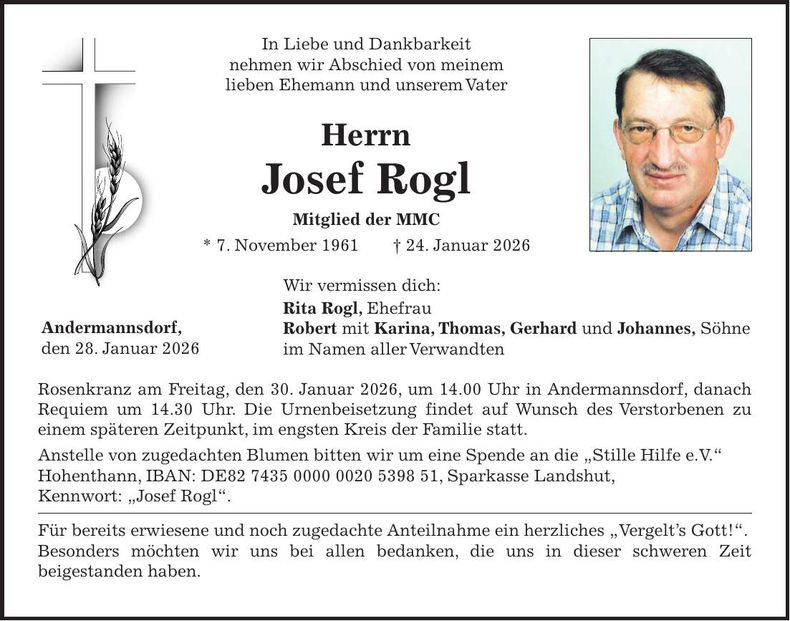 Traueranzeige Josef Rogl