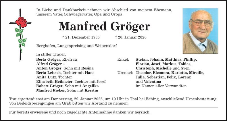 Traueranzeige Manfred Gröger