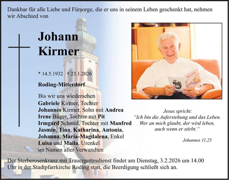Traueranzeige Johann Kirmer