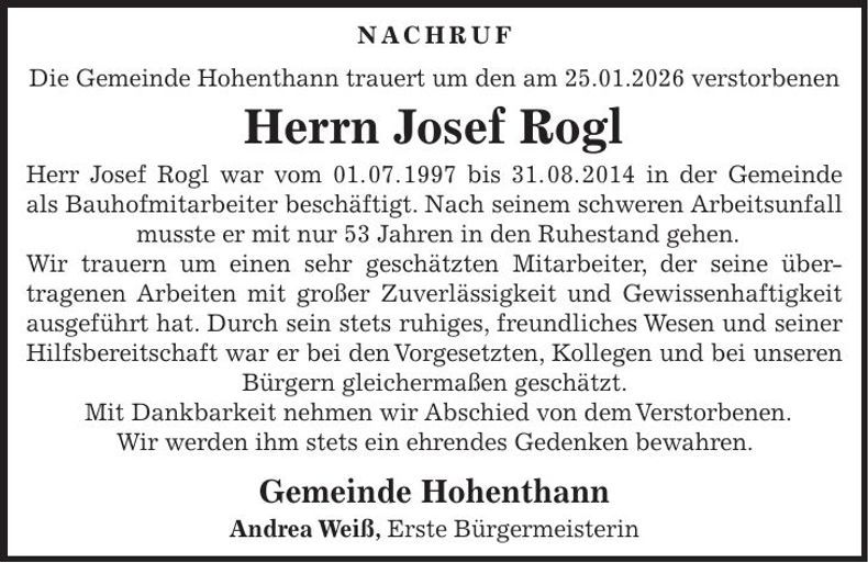 Traueranzeige Josef Rogl