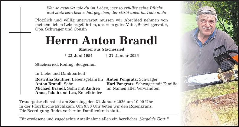 Traueranzeige Anton Brandl
