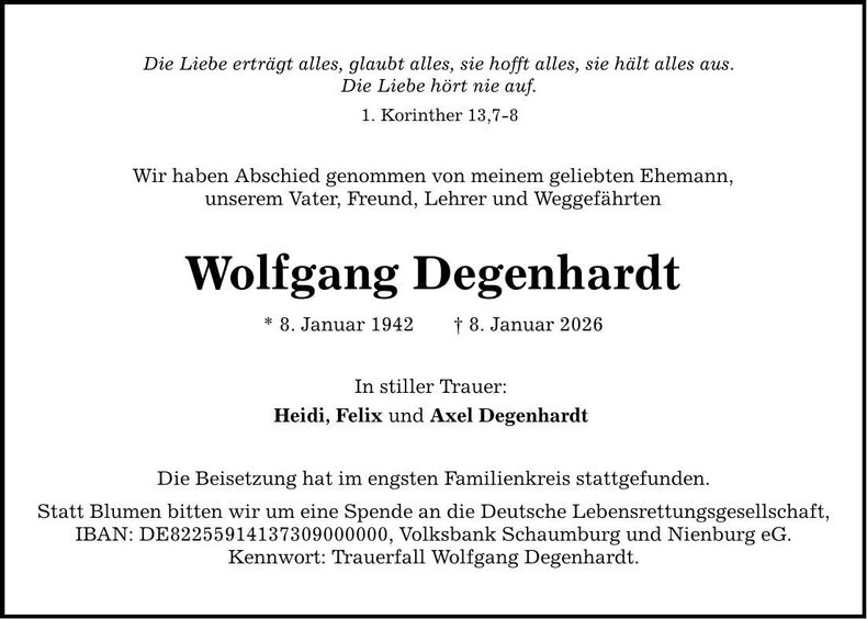 Traueranzeige Wolfgang Degenhardt