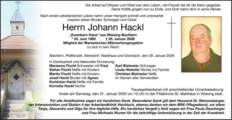 Traueranzeige Johann Hackl