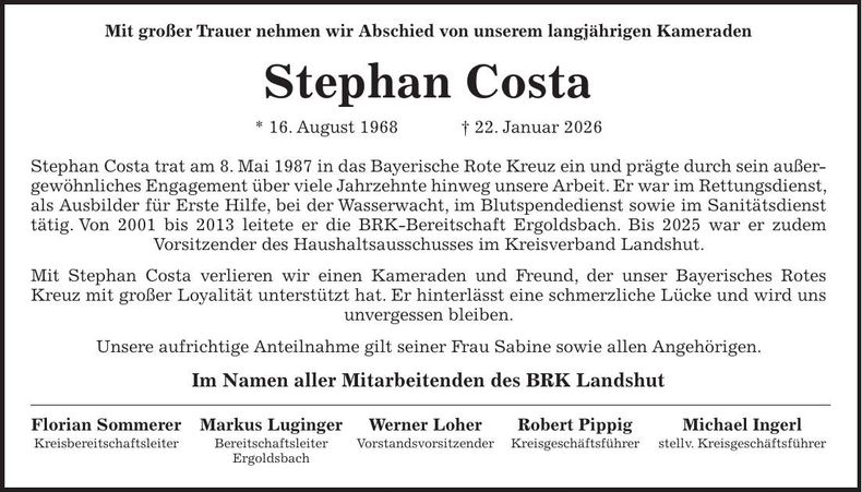 Traueranzeige Stefan Costa