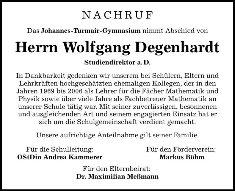 Traueranzeige Wolfgang Degenhardt