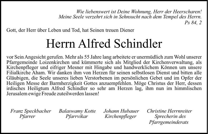 Traueranzeige Alfred Schindler