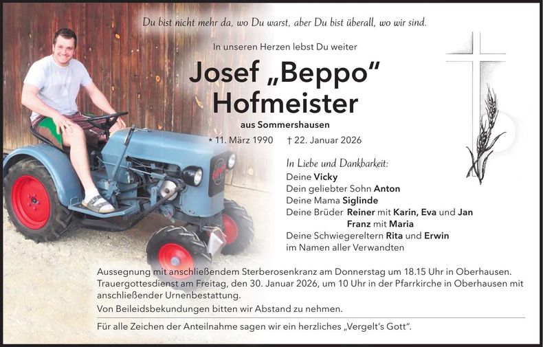 Traueranzeige Josef Hofmeister