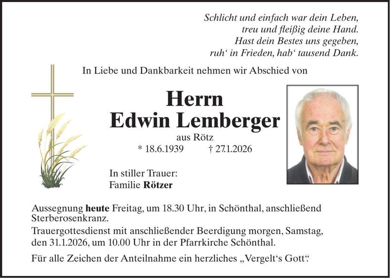 Traueranzeige Edwin Lemberger