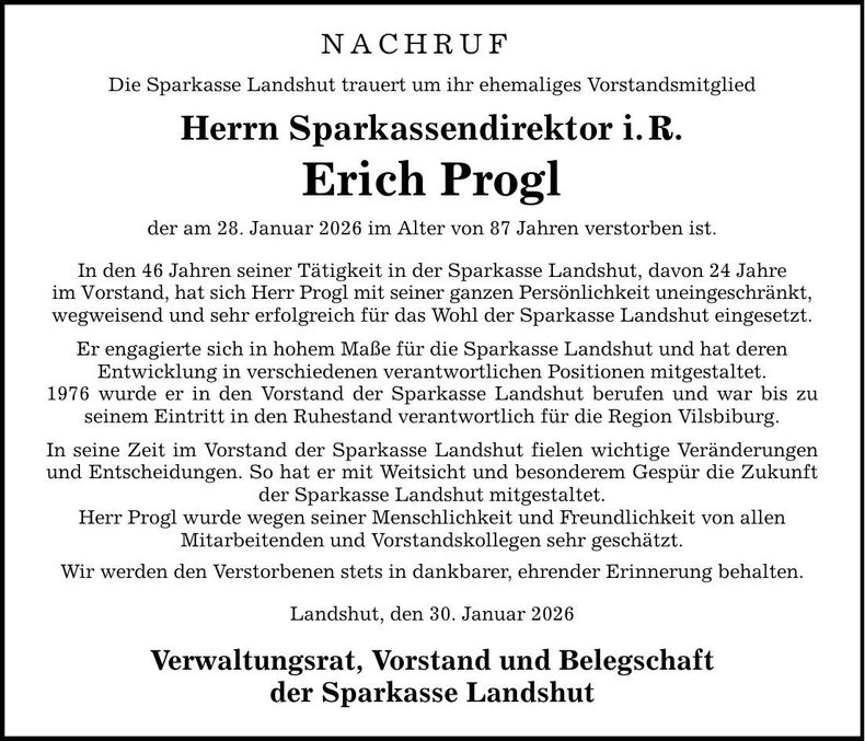 Traueranzeige Erich Progl