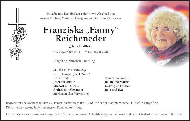 Traueranzeige Franziska Reicheneder