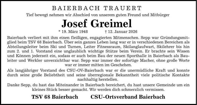 Traueranzeige Josef Greimel