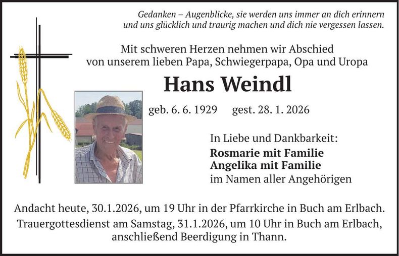 Traueranzeige Hans Weindl