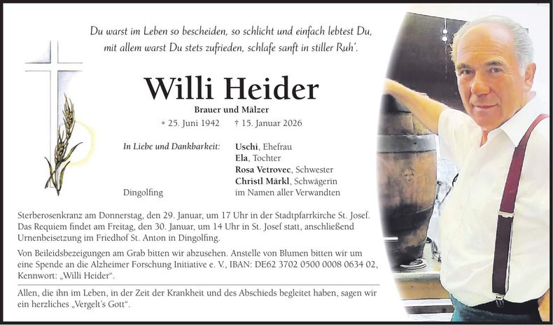 Traueranzeige Willi Heider