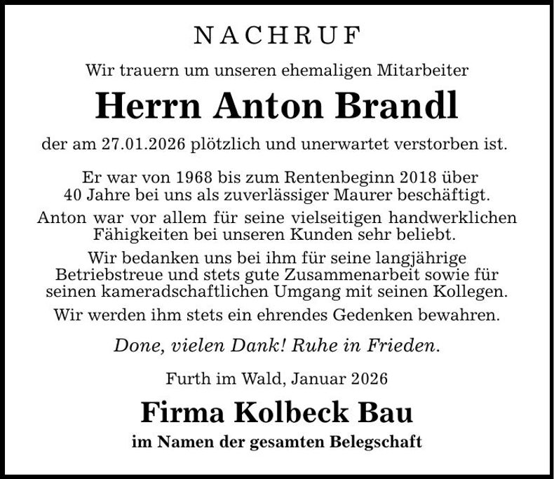 Traueranzeige Anton Brandl