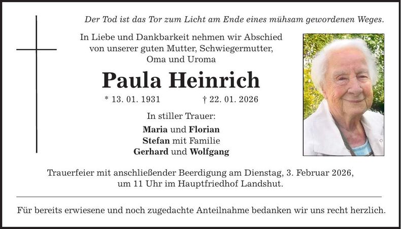 Traueranzeige Paula Heinrich