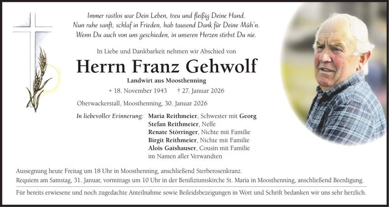 Traueranzeige Franz Gehwolf