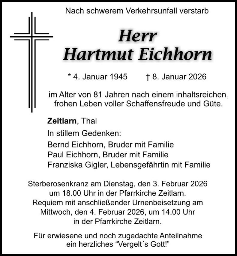 Traueranzeige Hartmut Eichhorn
