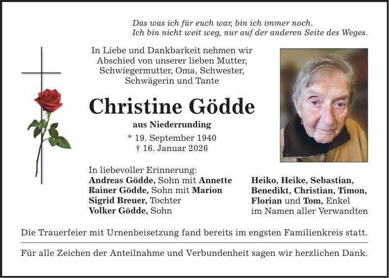 Traueranzeige Christine Gödde