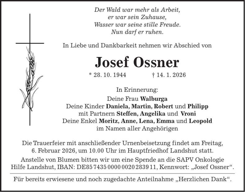 Traueranzeige Josef Ossner