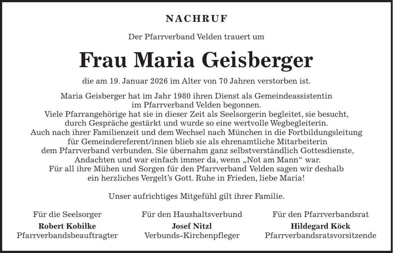 Traueranzeige Maria Geisberger