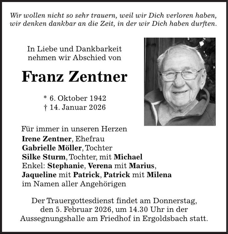 Traueranzeige Franz Zentner