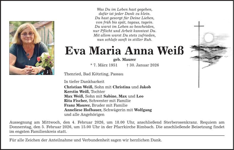 Traueranzeige Eva Maria Anna Weiß