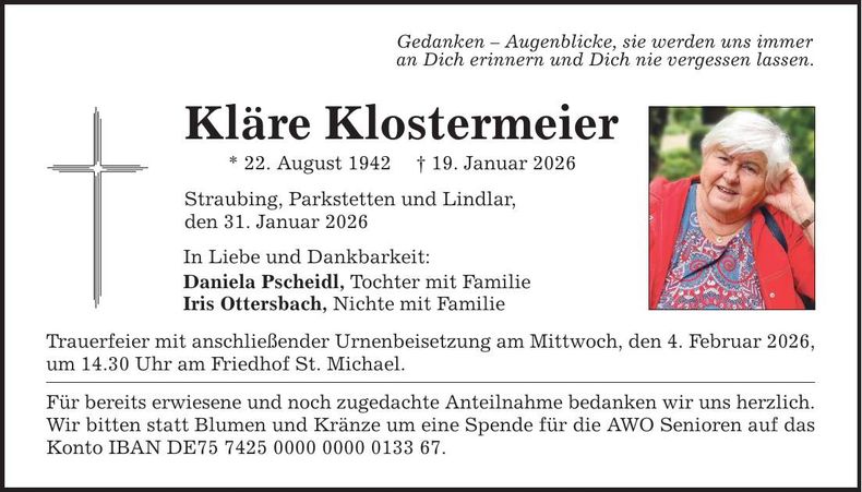 Traueranzeige Kläre Klostermeier
