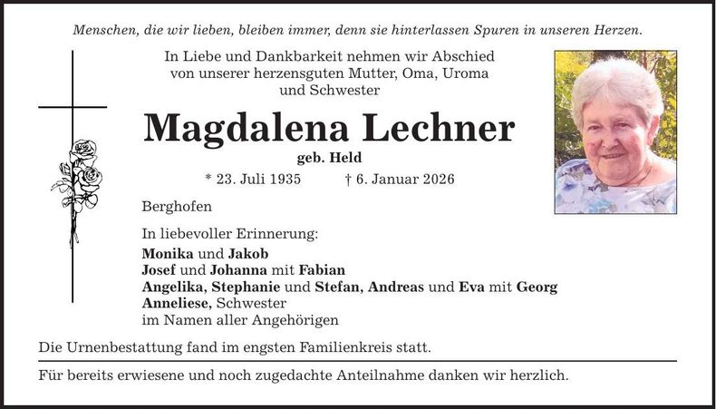 Traueranzeige Madgalena Lechner