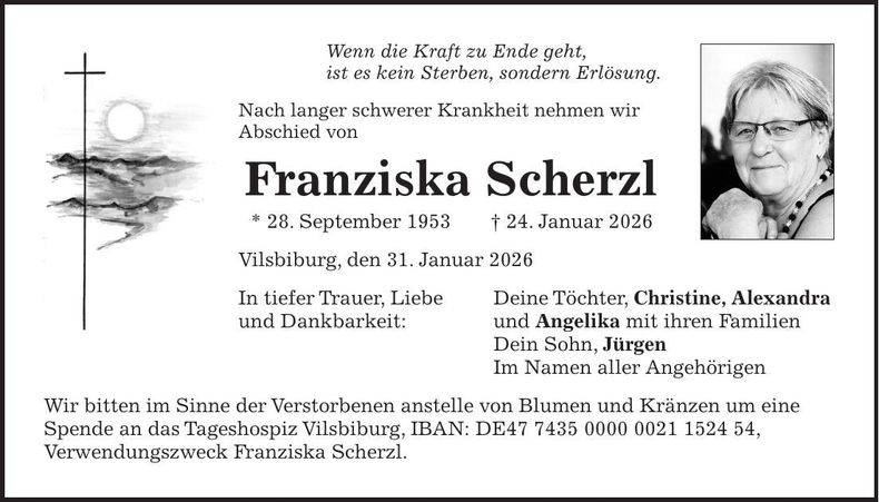Traueranzeige Franziska Scherzl
