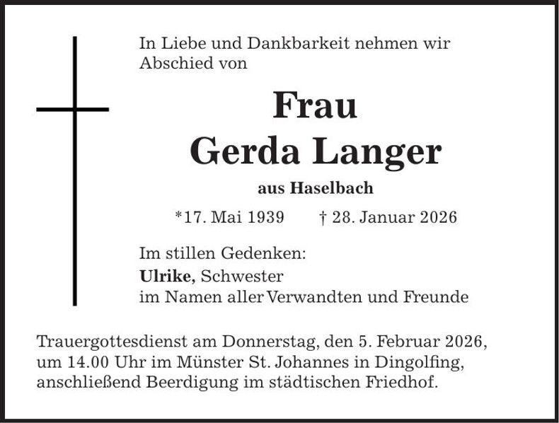 Traueranzeige Gerda Langer