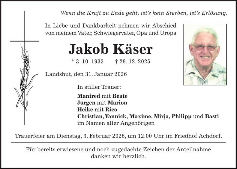 Traueranzeige Jakob Käser