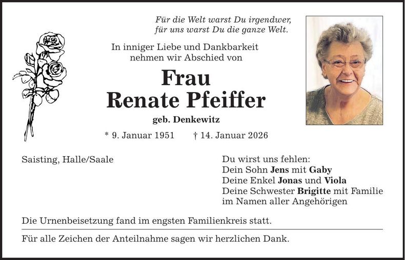 Traueranzeige Renate Pfeiffer
