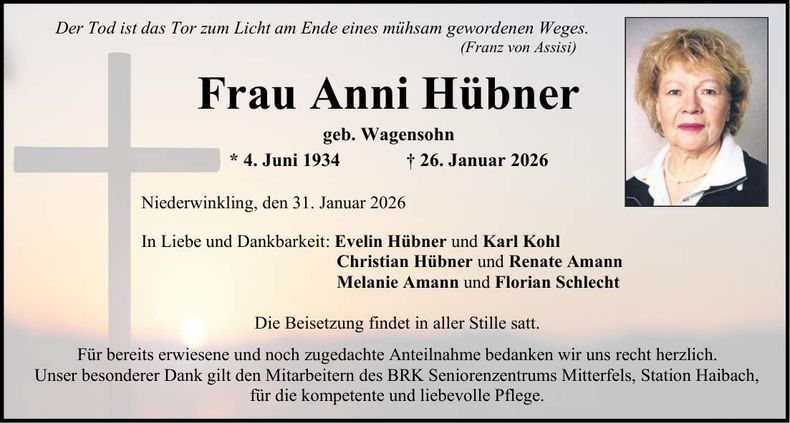 Traueranzeige Anni Hübner