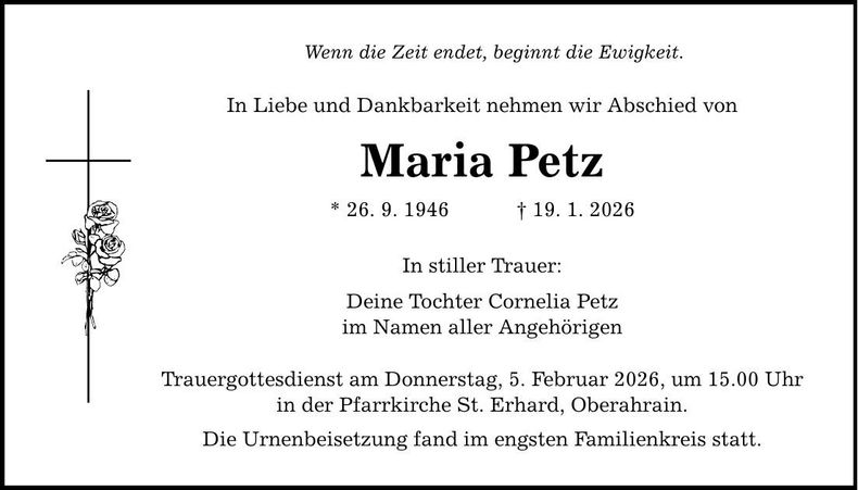 Traueranzeige Maria Petz