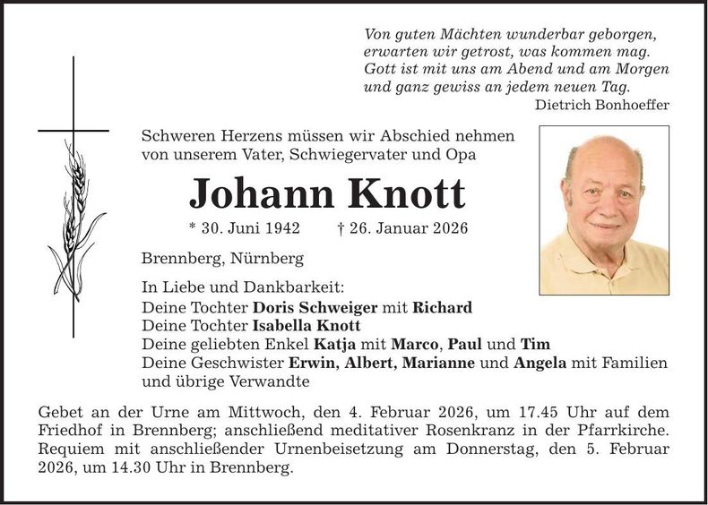Traueranzeige Johann Knott