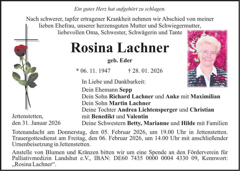 Traueranzeige Rosina Lachner