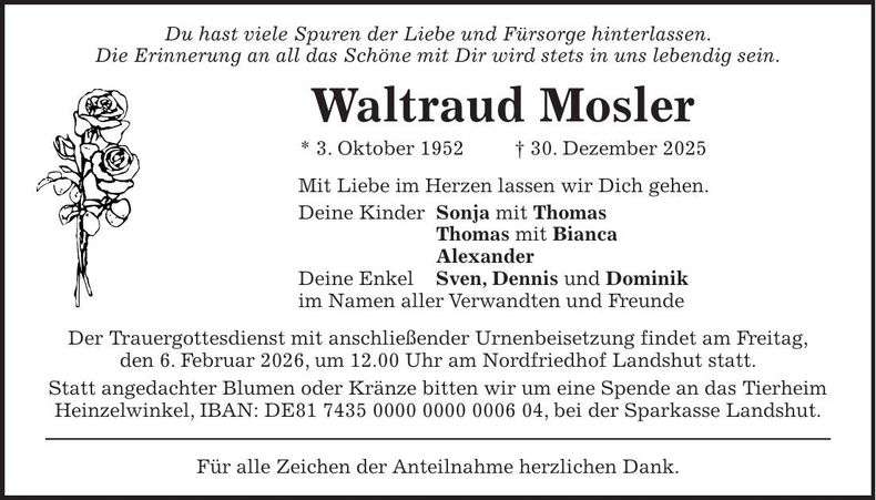 Traueranzeige Waltraud Mosler