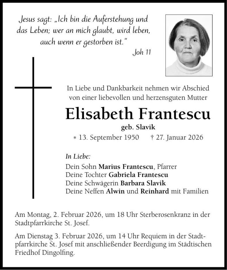 Traueranzeige Elisabeth Frantescu