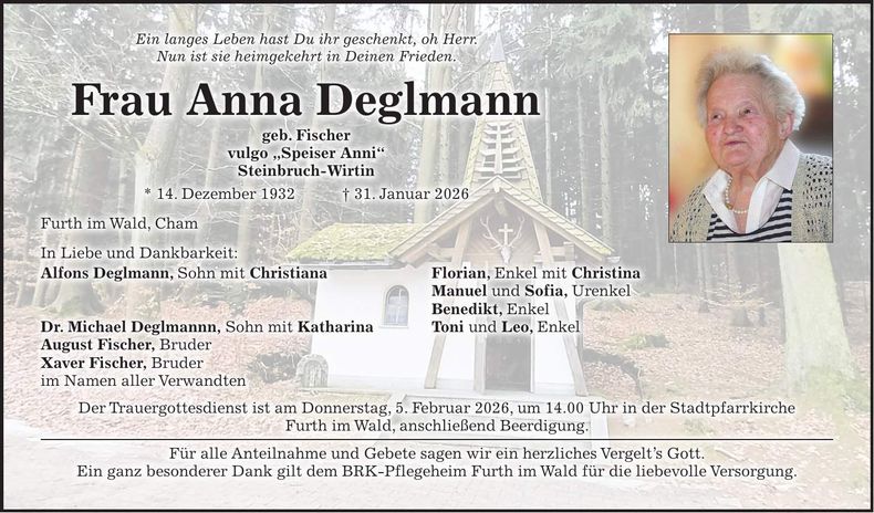 Traueranzeige Anna Deglmann