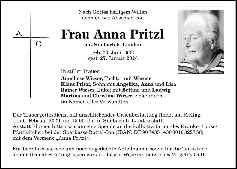 Traueranzeige Anna Pritzl