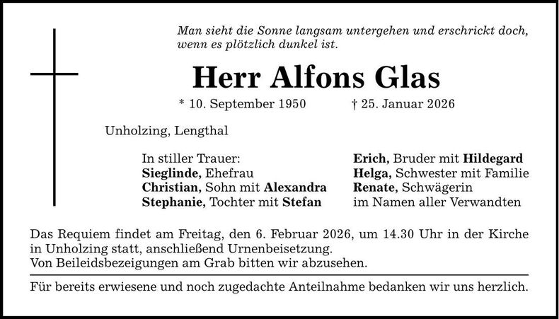 Traueranzeige Alfons Glas