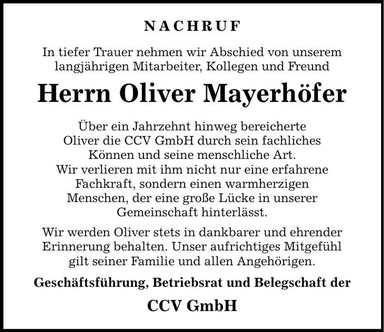Traueranzeige Oliver Mayerhöfer