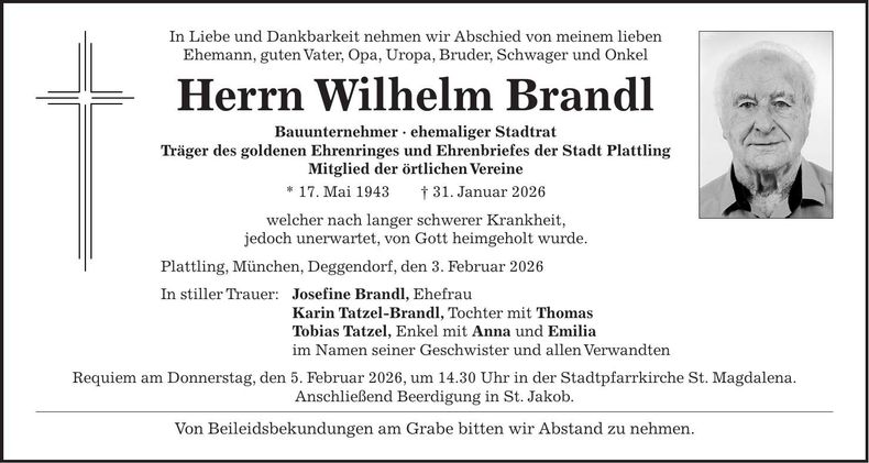 Traueranzeige Wilhelm Brandl