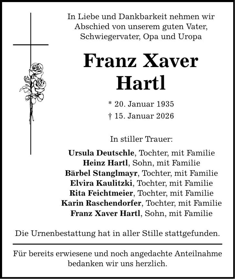 Traueranzeige Franz Xaver Hartl