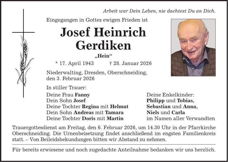 Traueranzeige Josef Heinrich Gerdiken