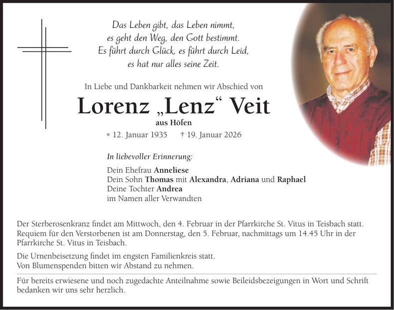Traueranzeige Lorenz Veit