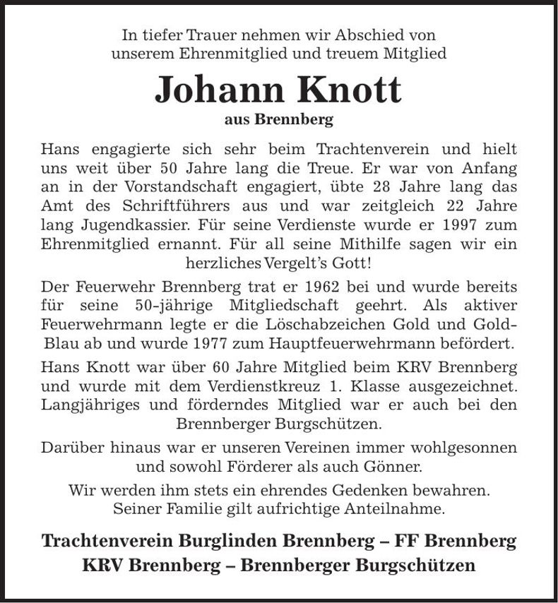 Traueranzeige Johann Knott